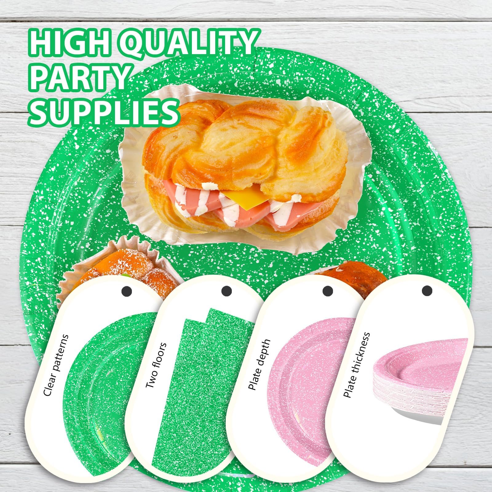 96 Pcs Glitter Pink and Green Party Plates and Napkins - Grencian