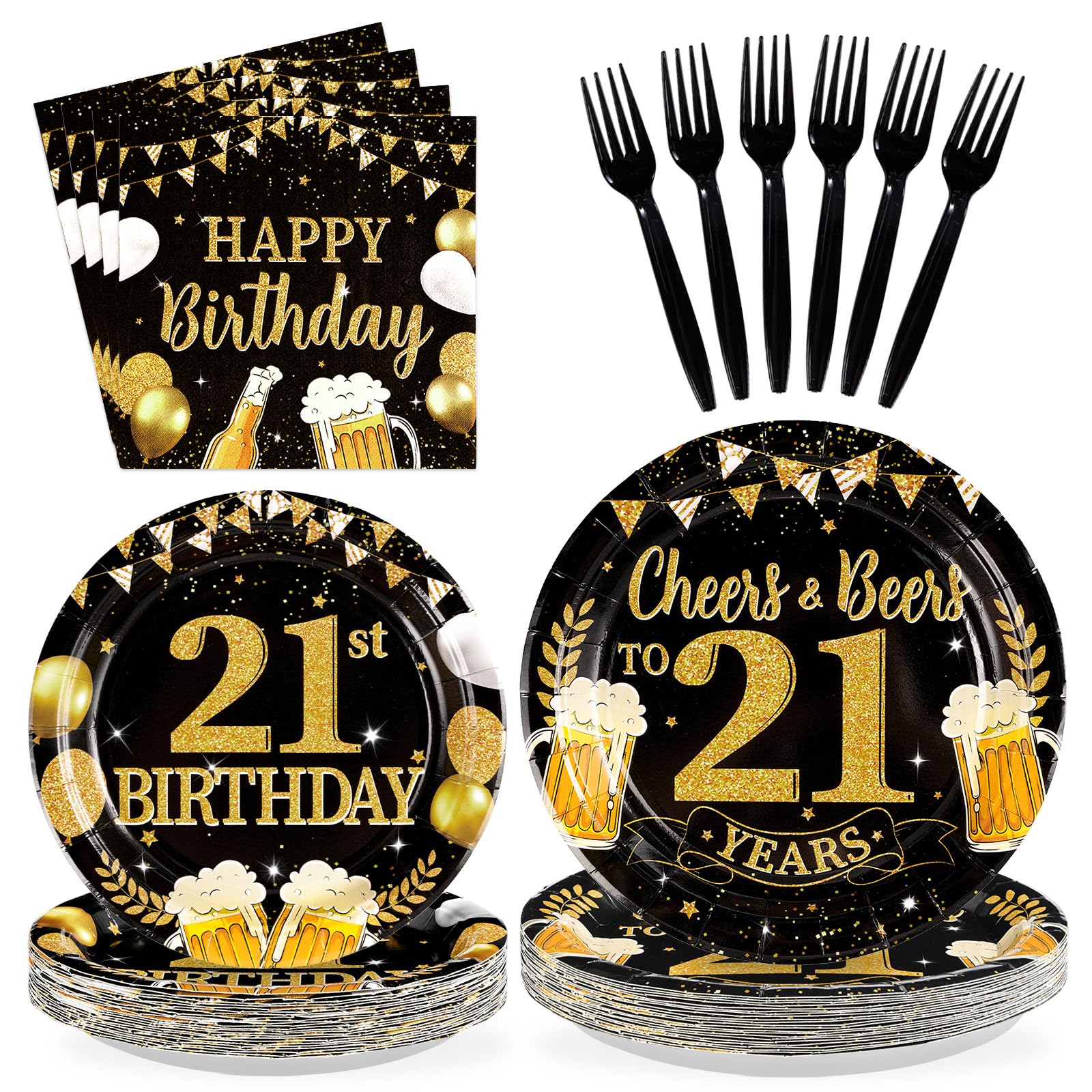 96 Pcs Gold Beer 21st Birthday Party Plates and Napkins - Grencian