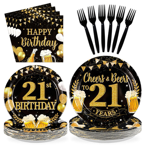 96 Pcs Gold Beer 21st Birthday Party Plates and Napkins - Grencian