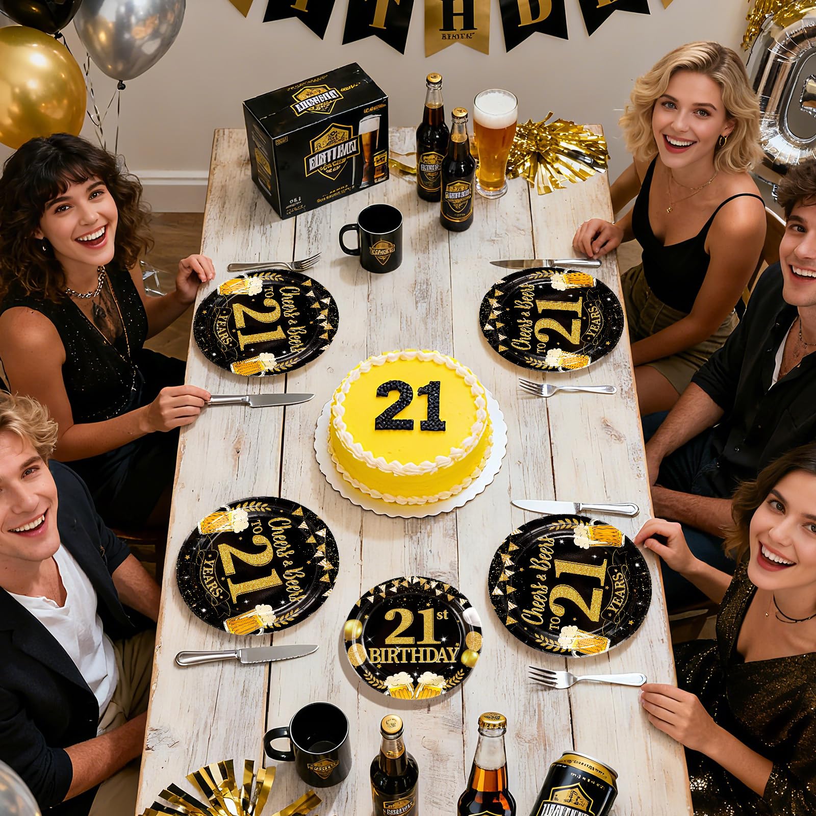 96 Pcs Gold Beer 21st Birthday Party Plates and Napkins - Grencian
