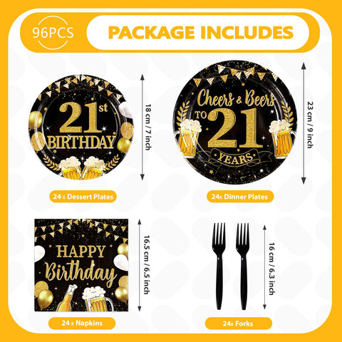 96 Pcs Gold Beer 21st Birthday Party Plates and Napkins - Grencian