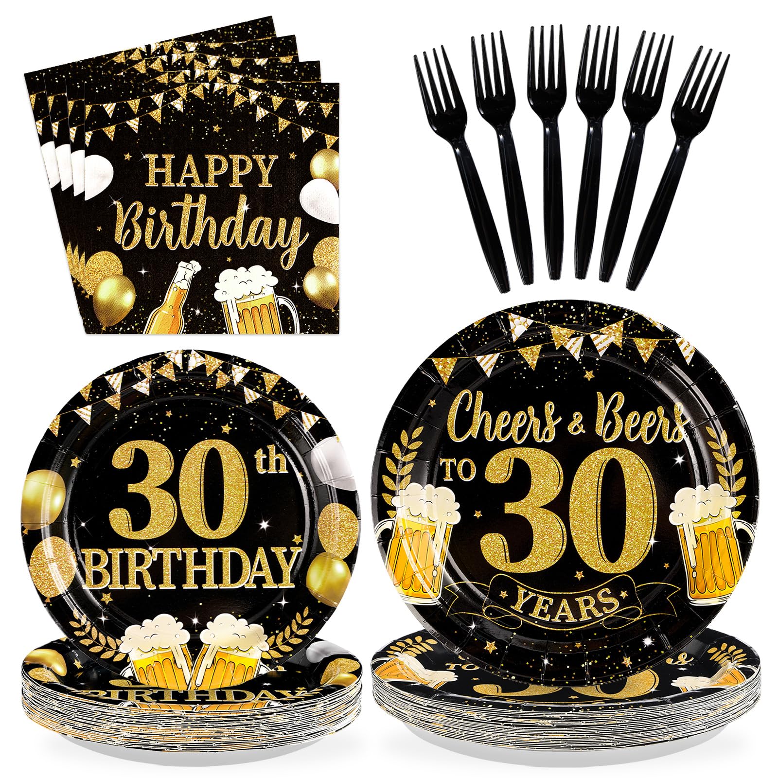 96 Pcs Gold Beer 30th Birthday Party Plates and Napkins - Grencian
