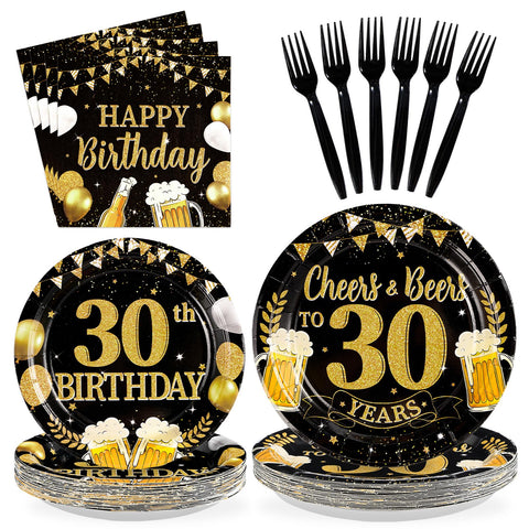 96 Pcs Gold Beer 30th Birthday Party Plates and Napkins - Grencian