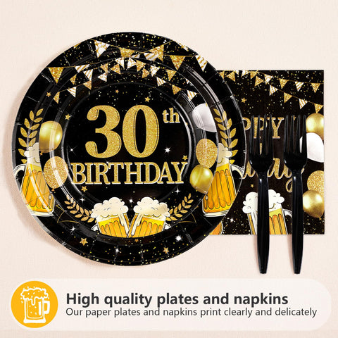 96 Pcs Gold Beer 30th Birthday Party Plates and Napkins - Grencian