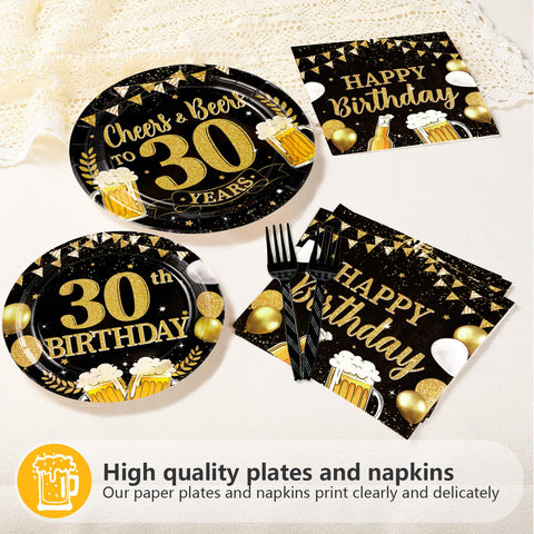 96 Pcs Gold Beer 30th Birthday Party Plates and Napkins - Grencian