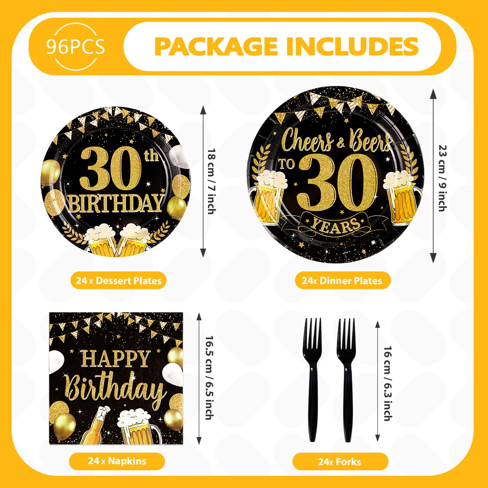 96 Pcs Gold Beer 30th Birthday Party Plates and Napkins - Grencian
