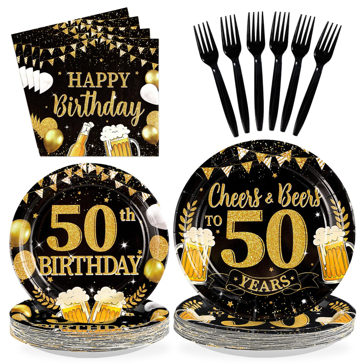 96 Pcs Gold Beer 50th Birthday Party Plates and Napkins - Grencian