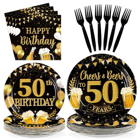 96 Pcs Gold Beer 50th Birthday Party Plates and Napkins - Grencian