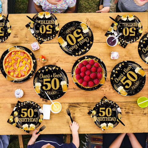 96 Pcs Gold Beer 50th Birthday Party Plates and Napkins - Grencian