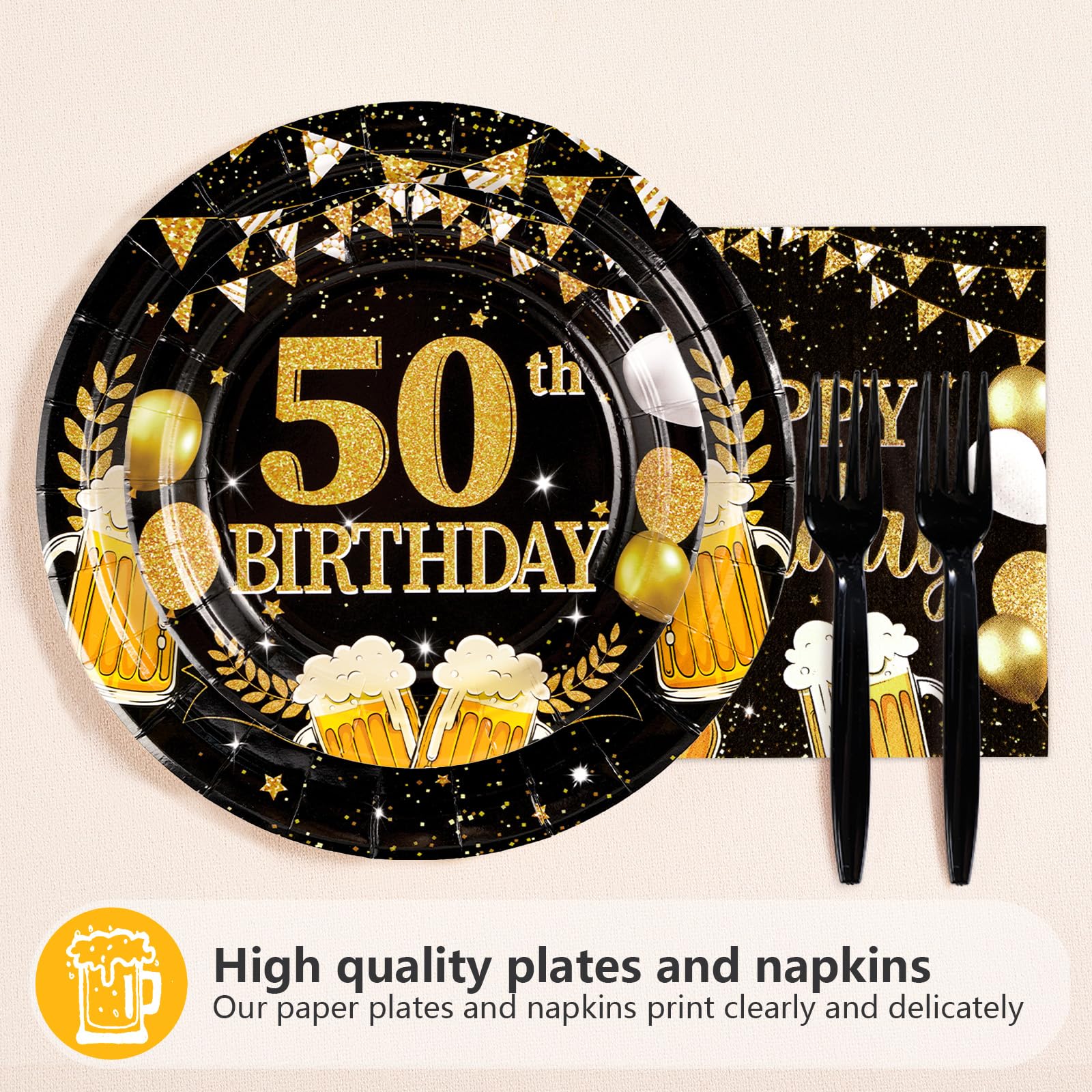 96 Pcs Gold Beer 50th Birthday Party Plates and Napkins - Grencian