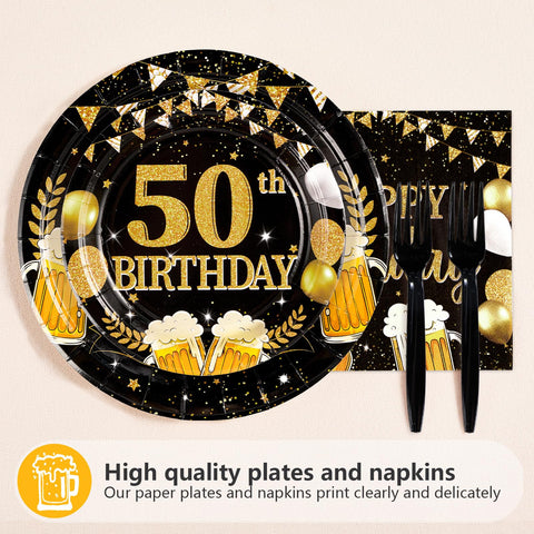 96 Pcs Gold Beer 50th Birthday Party Plates and Napkins - Grencian