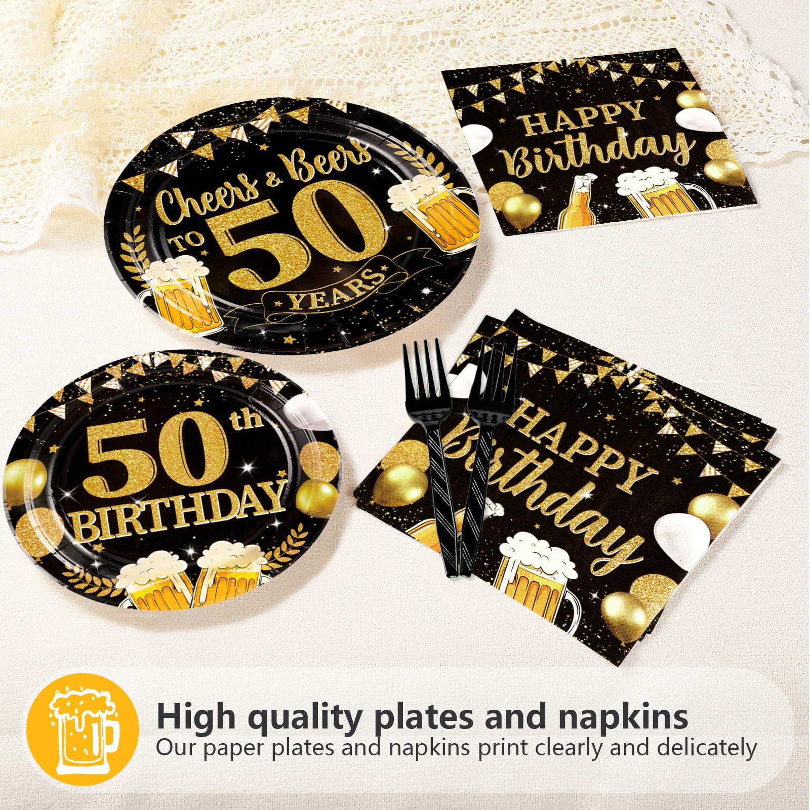 96 Pcs Gold Beer 50th Birthday Party Plates and Napkins - Grencian