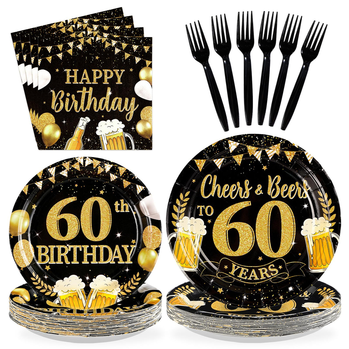 96 Pcs Gold Beer 60th Birthday Party Plates and Napkins - Grencian