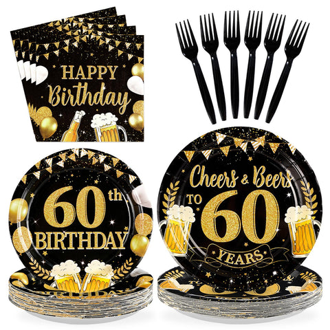 96 Pcs Gold Beer 60th Birthday Party Plates and Napkins - Grencian