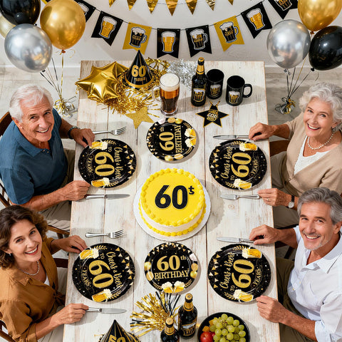 96 Pcs Gold Beer 60th Birthday Party Plates and Napkins - Grencian