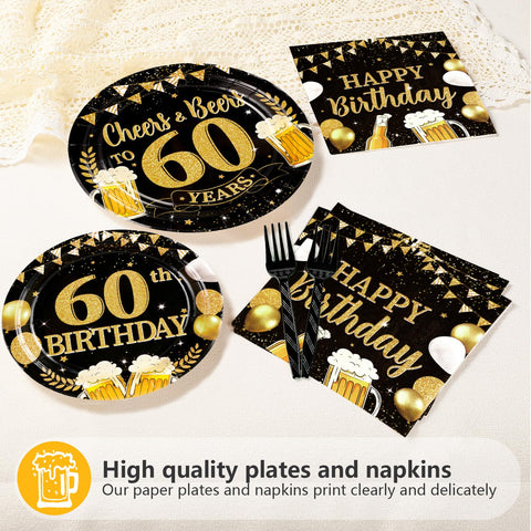 96 Pcs Gold Beer 60th Birthday Party Plates and Napkins - Grencian