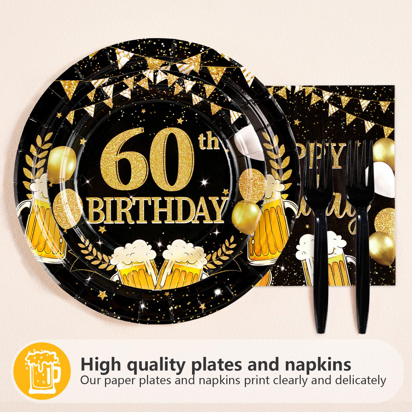 96 Pcs Gold Beer 60th Birthday Party Plates and Napkins - Grencian