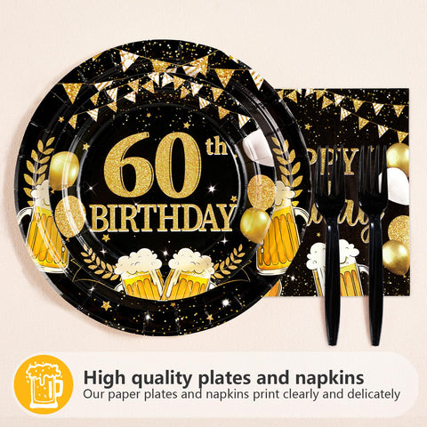 96 Pcs Gold Beer 60th Birthday Party Plates and Napkins - Grencian