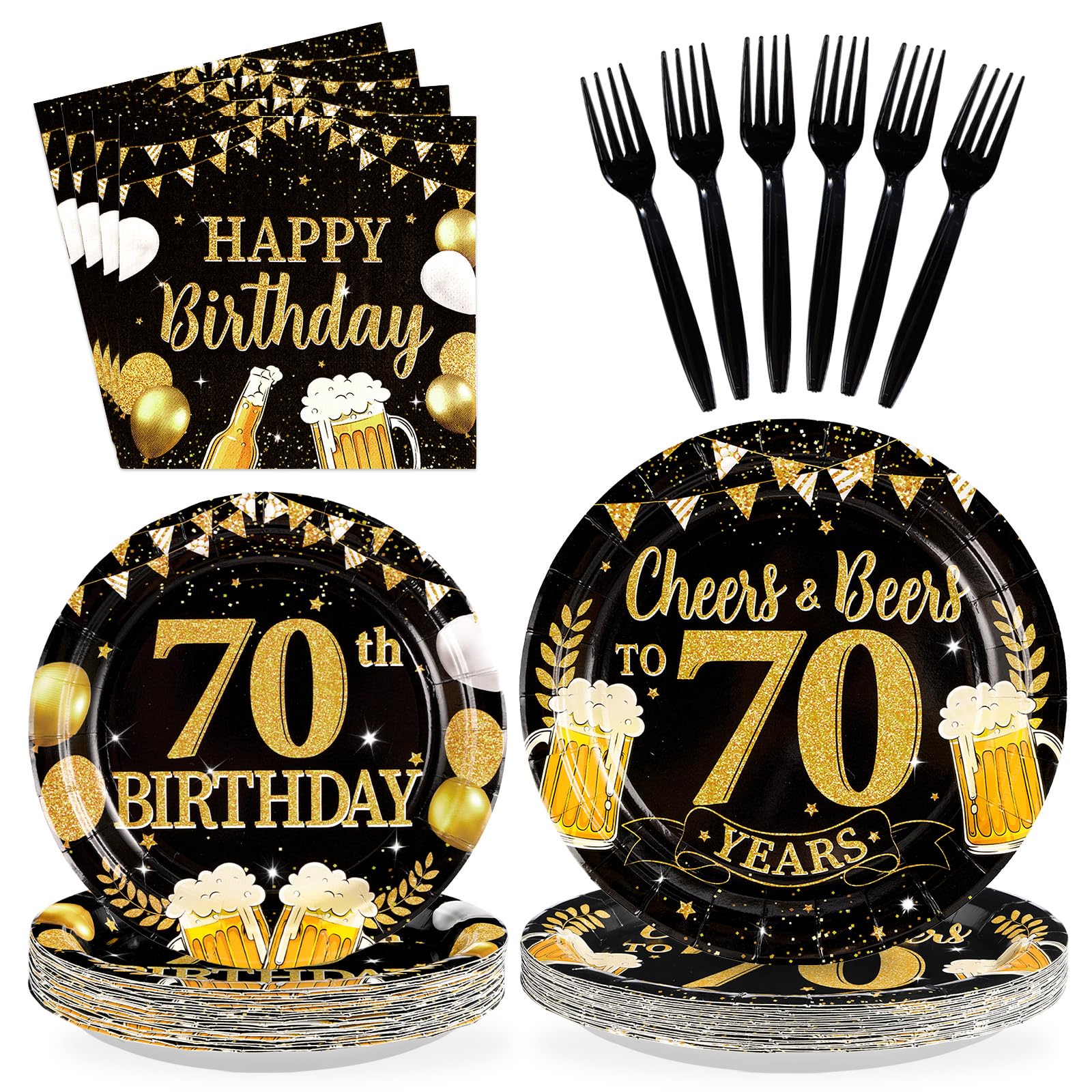 96 Pcs Gold Beer 70th Birthday Party Plates and Napkins - Grencian