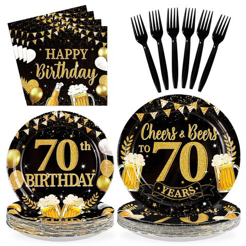96 Pcs Gold Beer 70th Birthday Party Plates and Napkins - Grencian