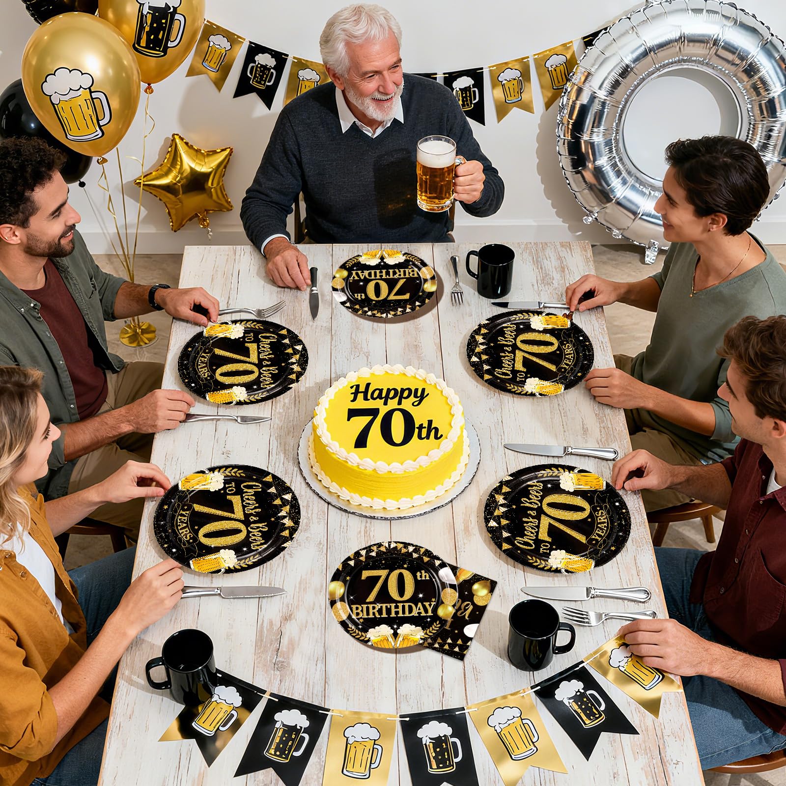 96 Pcs Gold Beer 70th Birthday Party Plates and Napkins - Grencian