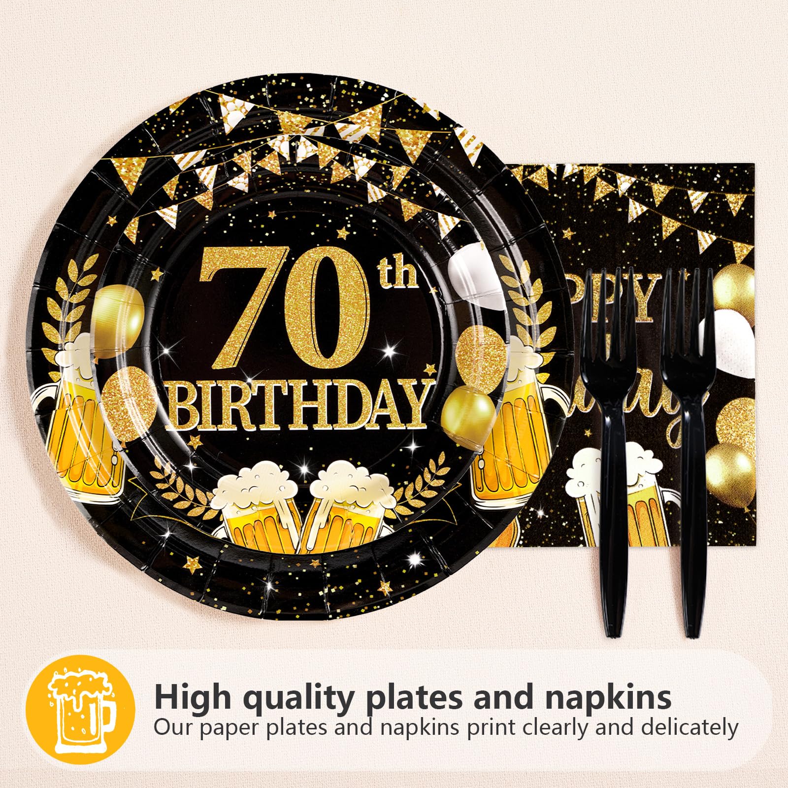 96 Pcs Gold Beer 70th Birthday Party Plates and Napkins - Grencian