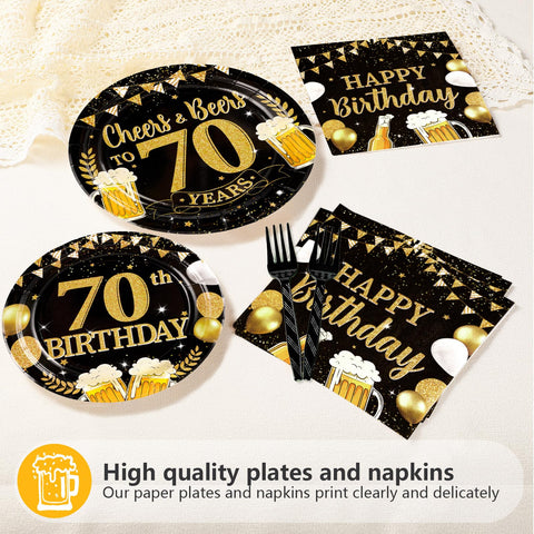 96 Pcs Gold Beer 70th Birthday Party Plates and Napkins - Grencian