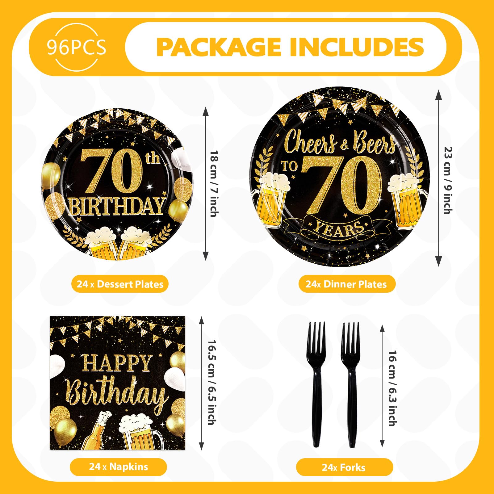 96 Pcs Gold Beer 70th Birthday Party Plates and Napkins - Grencian