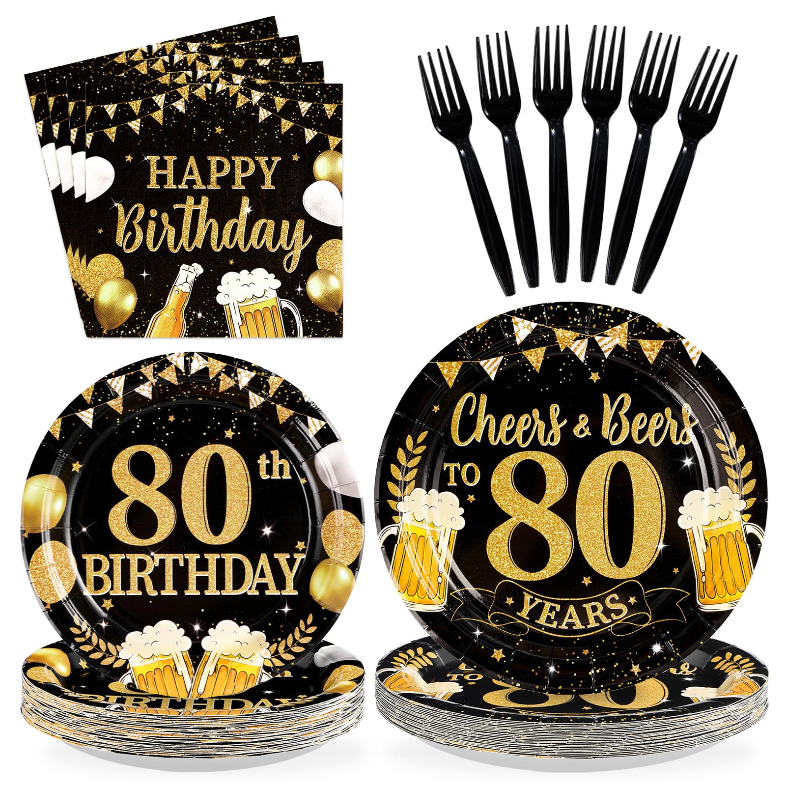 96 Pcs Gold Beer 80th Birthday Party Plates and Napkins - Grencian