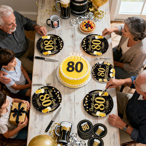 96 Pcs Gold Beer 80th Birthday Party Plates and Napkins - Grencian