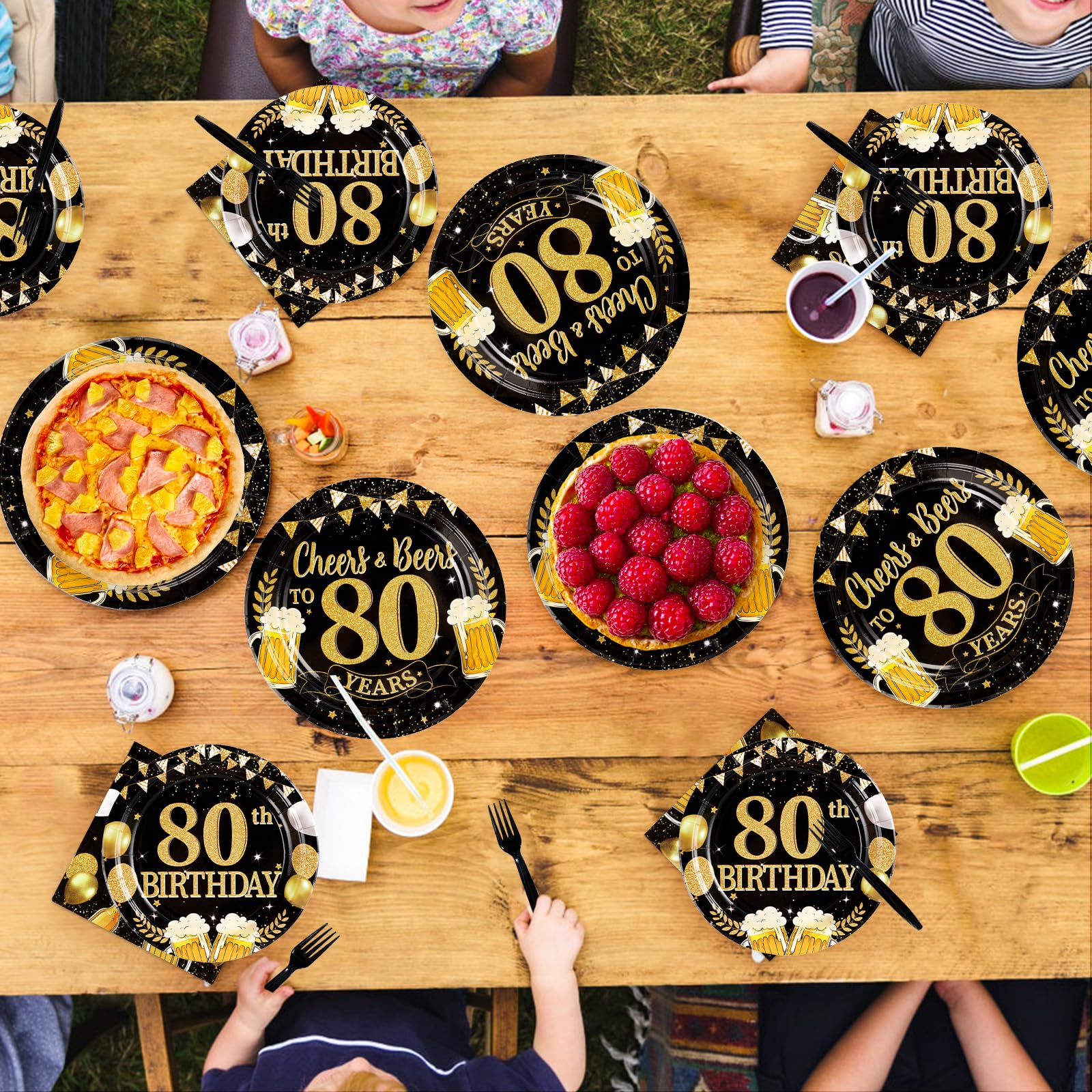 96 Pcs Gold Beer 80th Birthday Party Plates and Napkins - Grencian