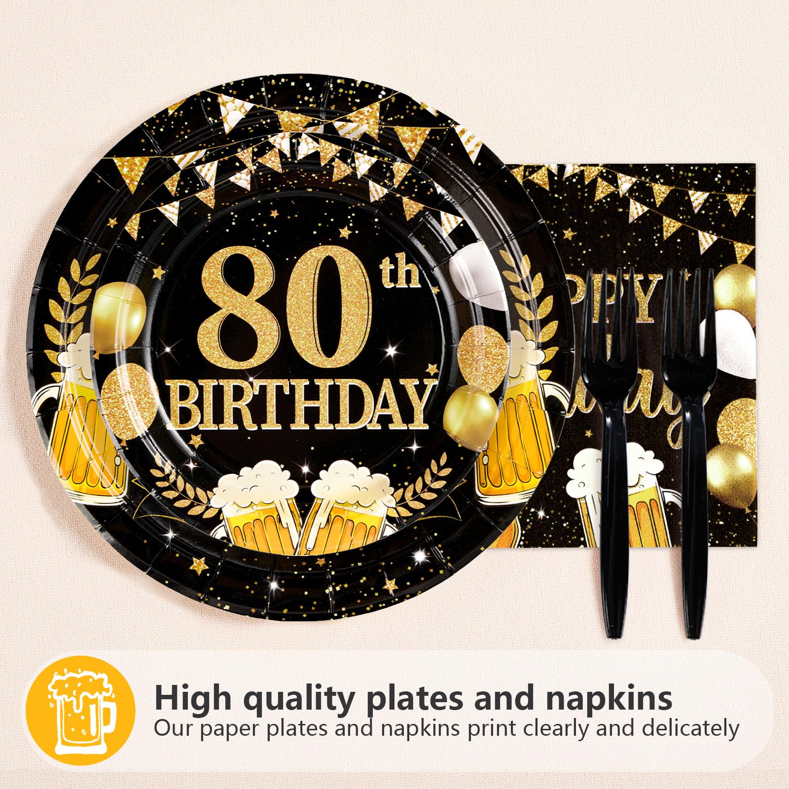 96 Pcs Gold Beer 80th Birthday Party Plates and Napkins - Grencian