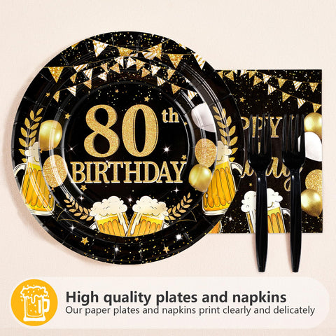 96 Pcs Gold Beer 80th Birthday Party Plates and Napkins - Grencian