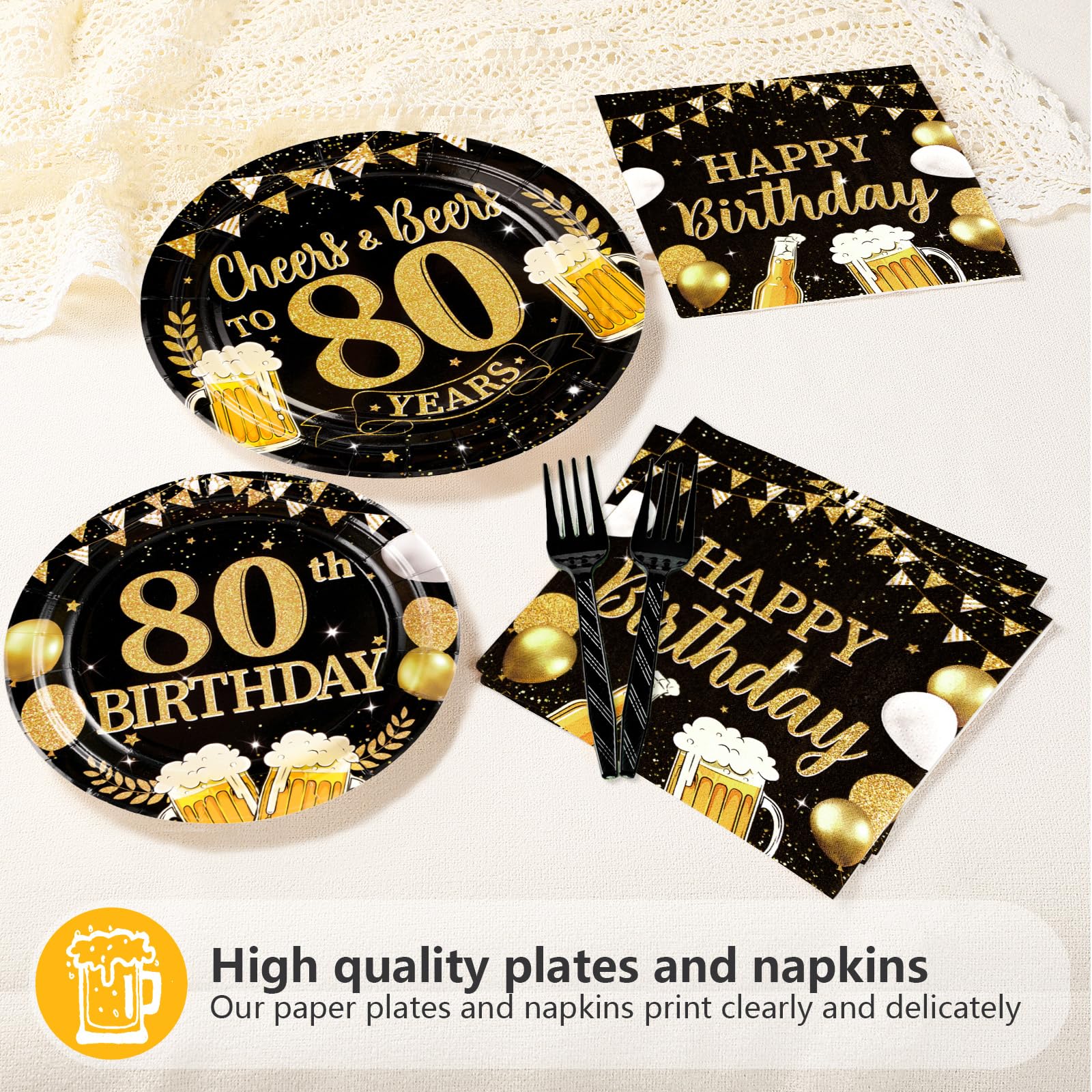96 Pcs Gold Beer 80th Birthday Party Plates and Napkins - Grencian