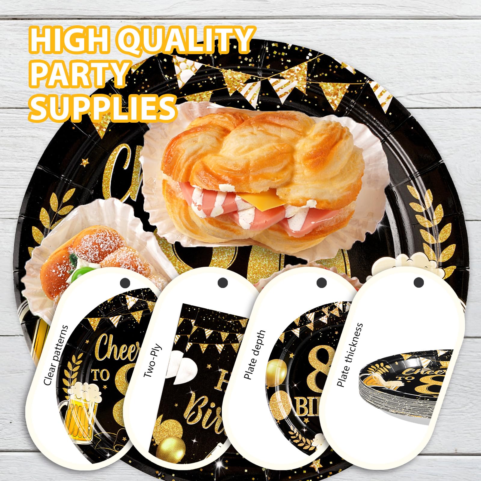 96 Pcs Gold Beer 80th Birthday Party Plates and Napkins - Grencian