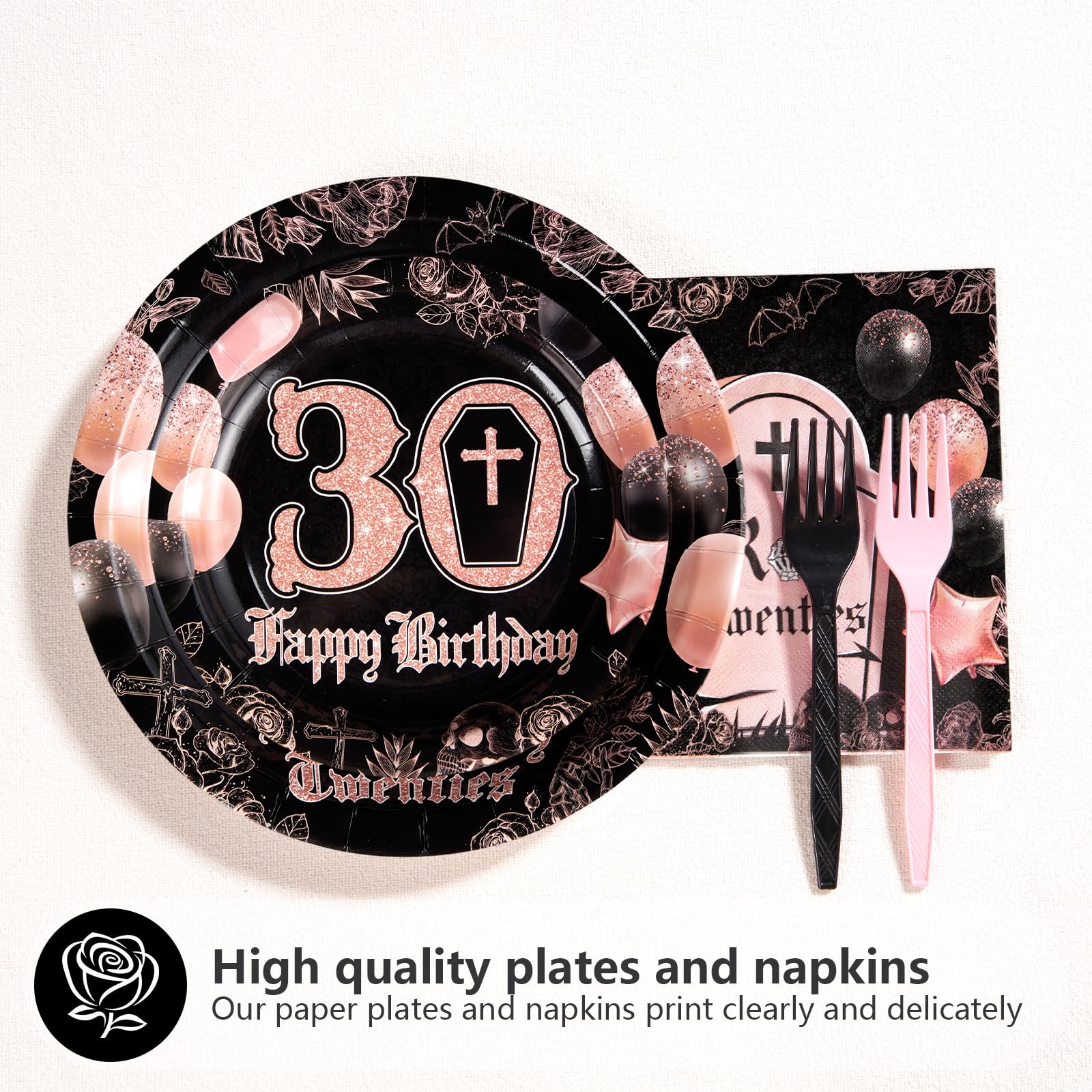 96 Pcs Gold Black 30th Birthday Party Plates and Napkins - Grencian
