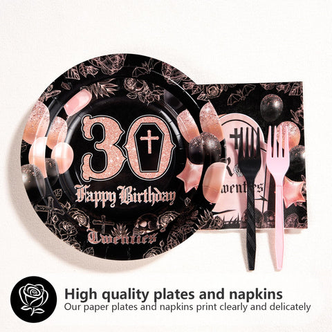 96 Pcs Gold Black 30th Birthday Party Plates and Napkins - Grencian