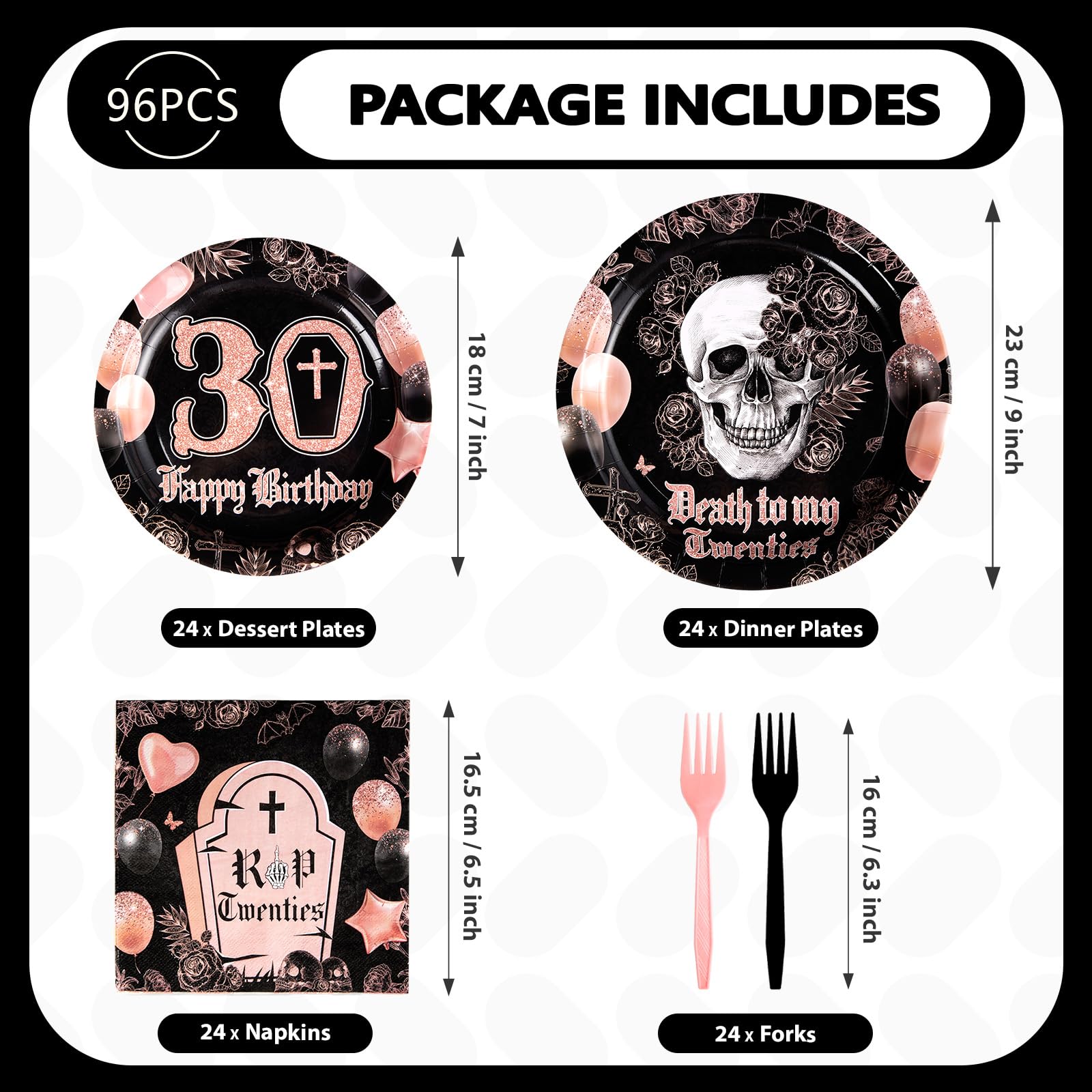 96 Pcs Gold Black 30th Birthday Party Plates and Napkins - Grencian