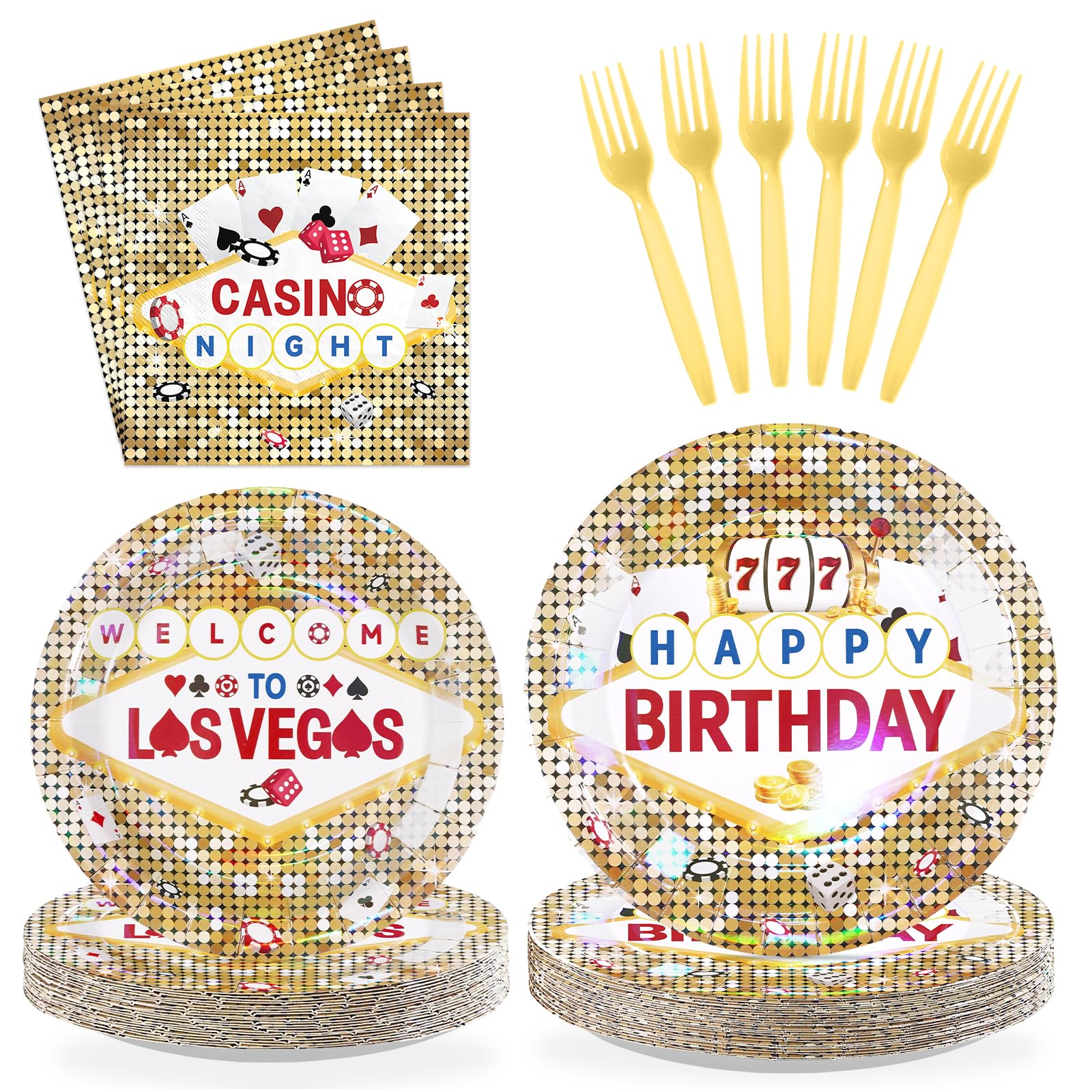 96 Pcs Gold Casino Birthday Party Plates and Napkins - Grencian