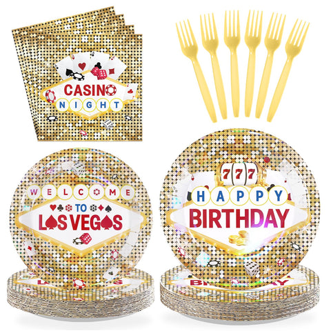 96 Pcs Gold Casino Birthday Party Plates and Napkins - Grencian