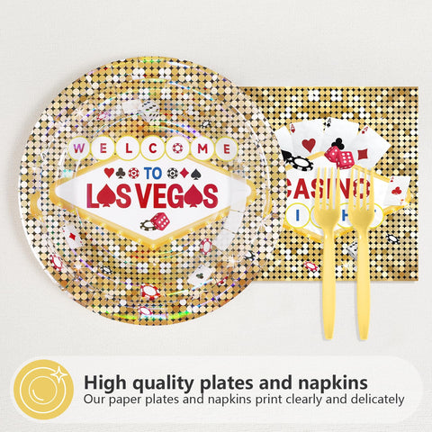 96 Pcs Gold Casino Birthday Party Plates and Napkins - Grencian
