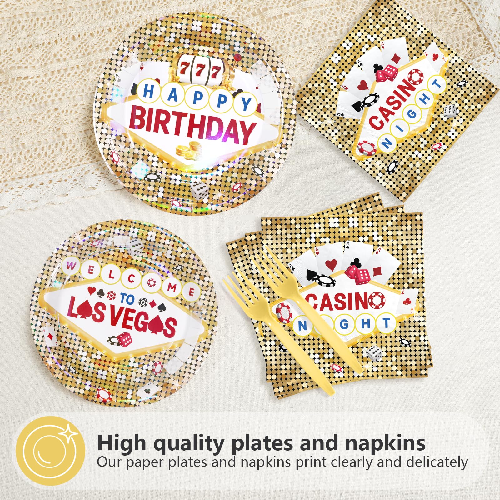 96 Pcs Gold Casino Birthday Party Plates and Napkins - Grencian