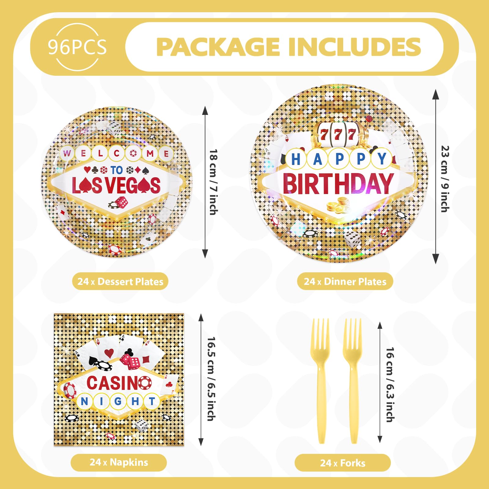 96 Pcs Gold Casino Birthday Party Plates and Napkins - Grencian