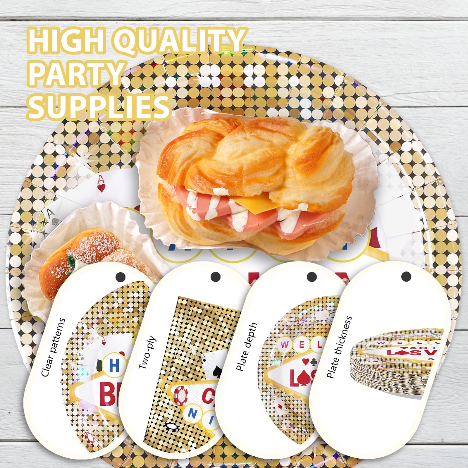 96 Pcs Gold Casino Birthday Party Plates and Napkins - Grencian