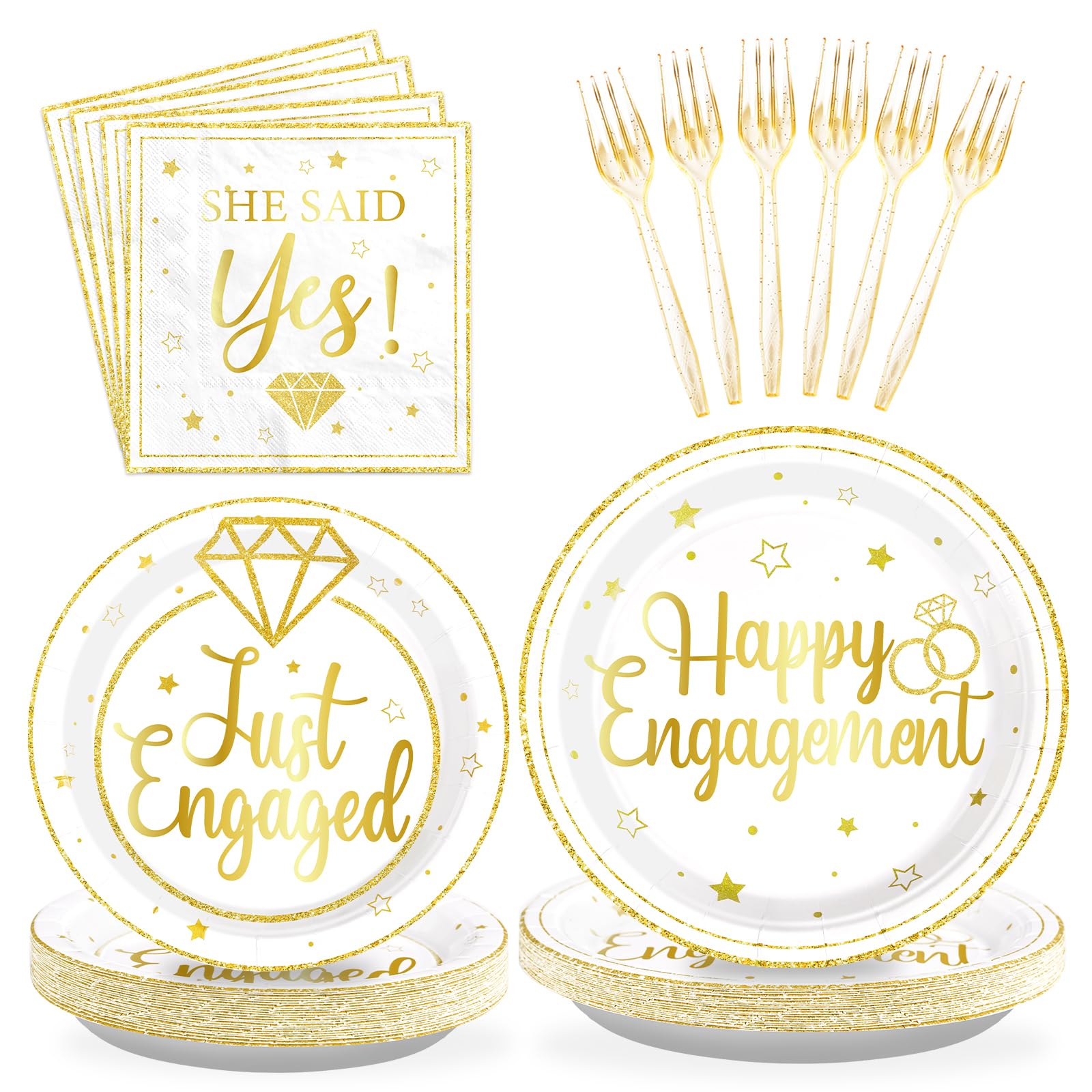 96 Pcs Gold Engagement Party Plates and Napkins - Grencian