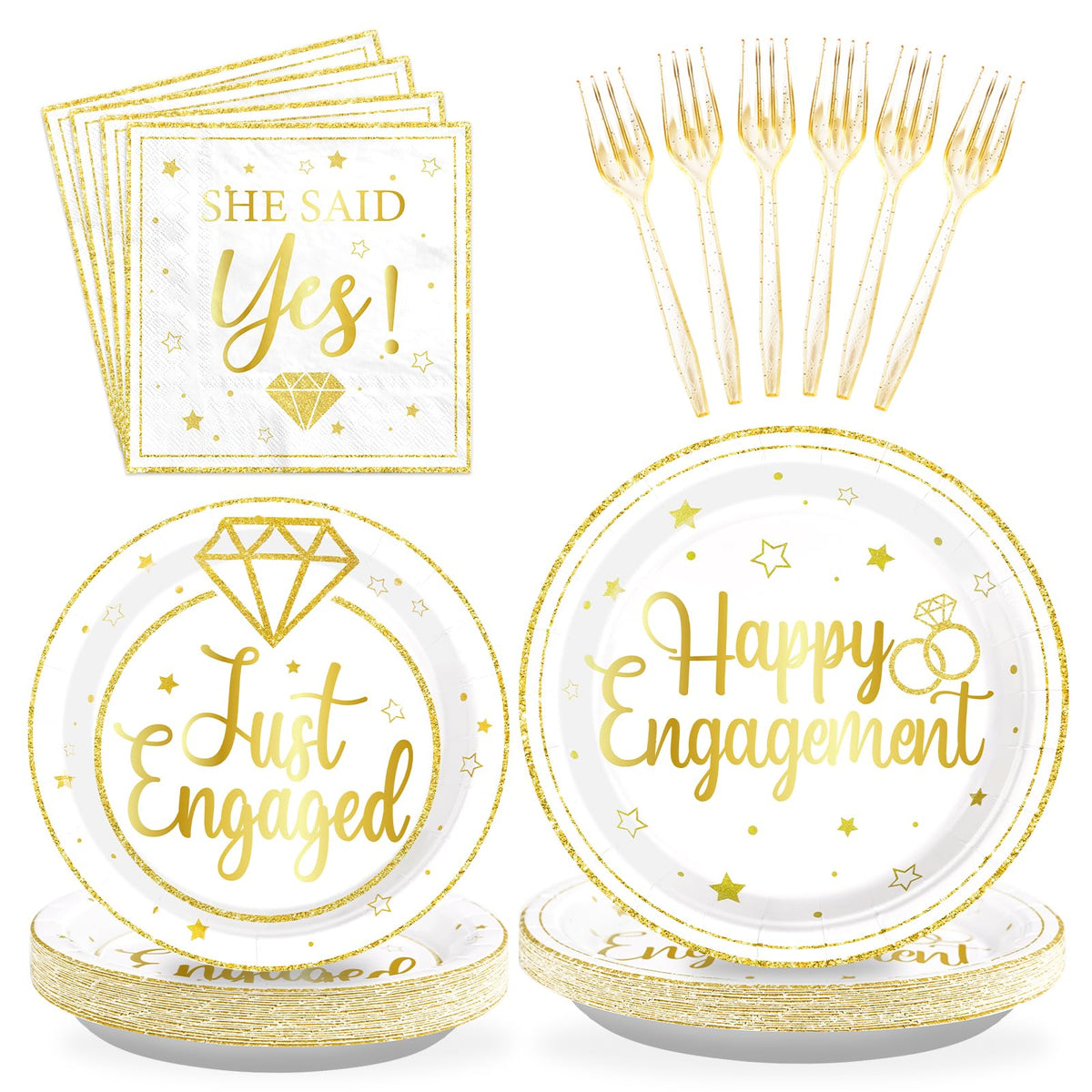 96 Pcs Gold Engagement Party Plates and Napkins - Grencian