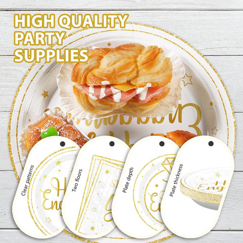 96 Pcs Gold Engagement Party Plates and Napkins - Grencian