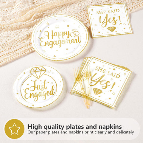 96 Pcs Gold Engagement Party Plates and Napkins - Grencian