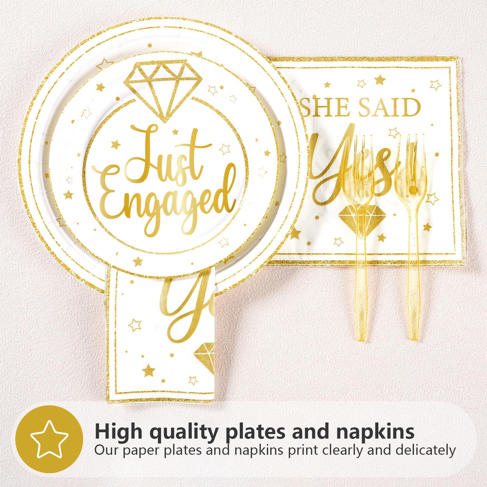 96 Pcs Gold Engagement Party Plates and Napkins - Grencian