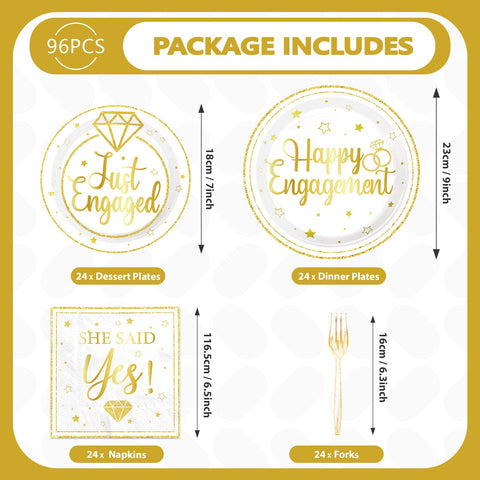 96 Pcs Gold Engagement Party Plates and Napkins - Grencian